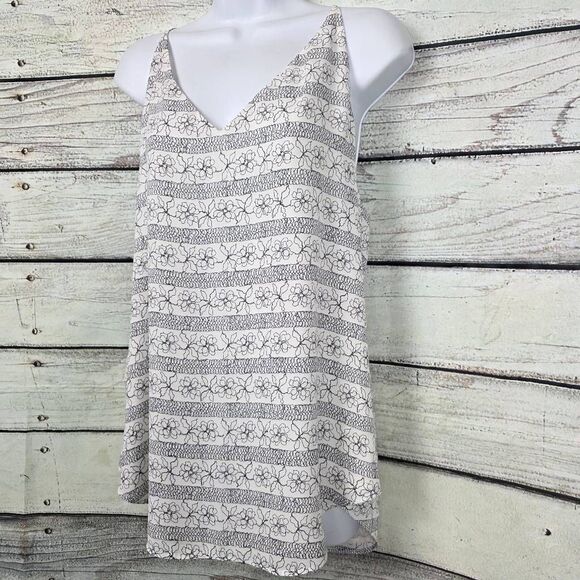 LOFT L White Black Floral Striped Cami Top - Picture 3 of 7